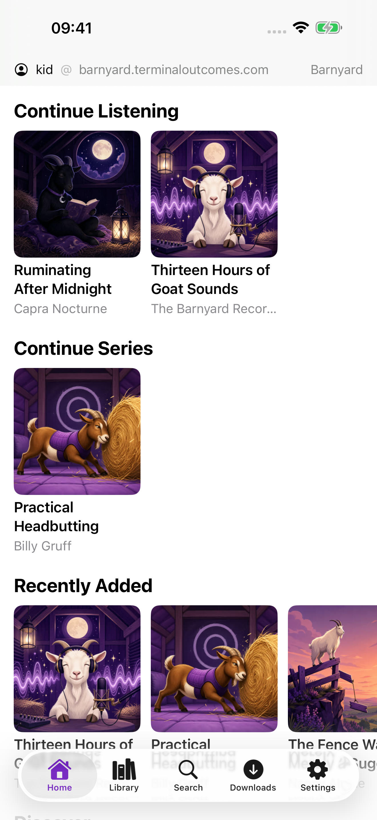 Bleat Home showing a listener's audiobook collection