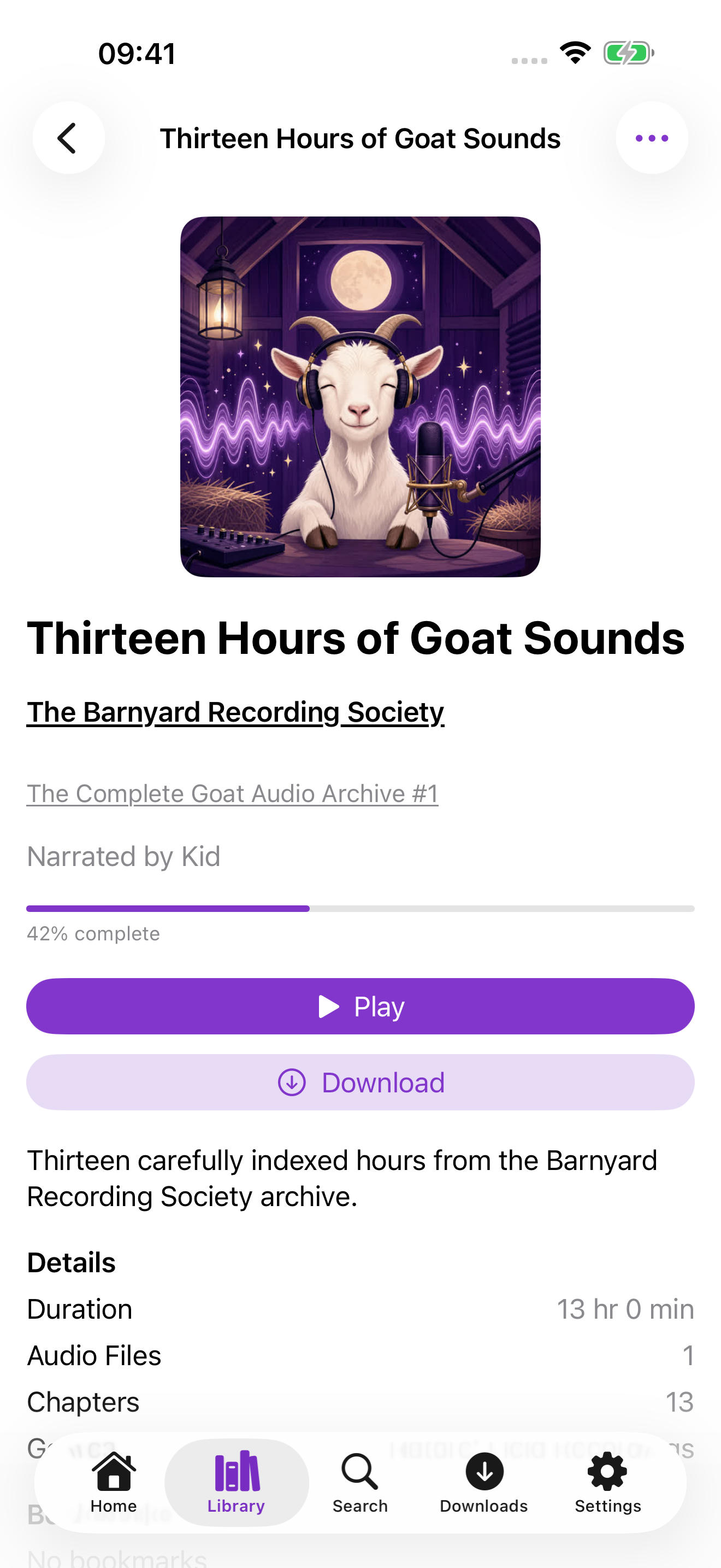 Audiobook detail screen for Thirteen Hours of Goat Sounds