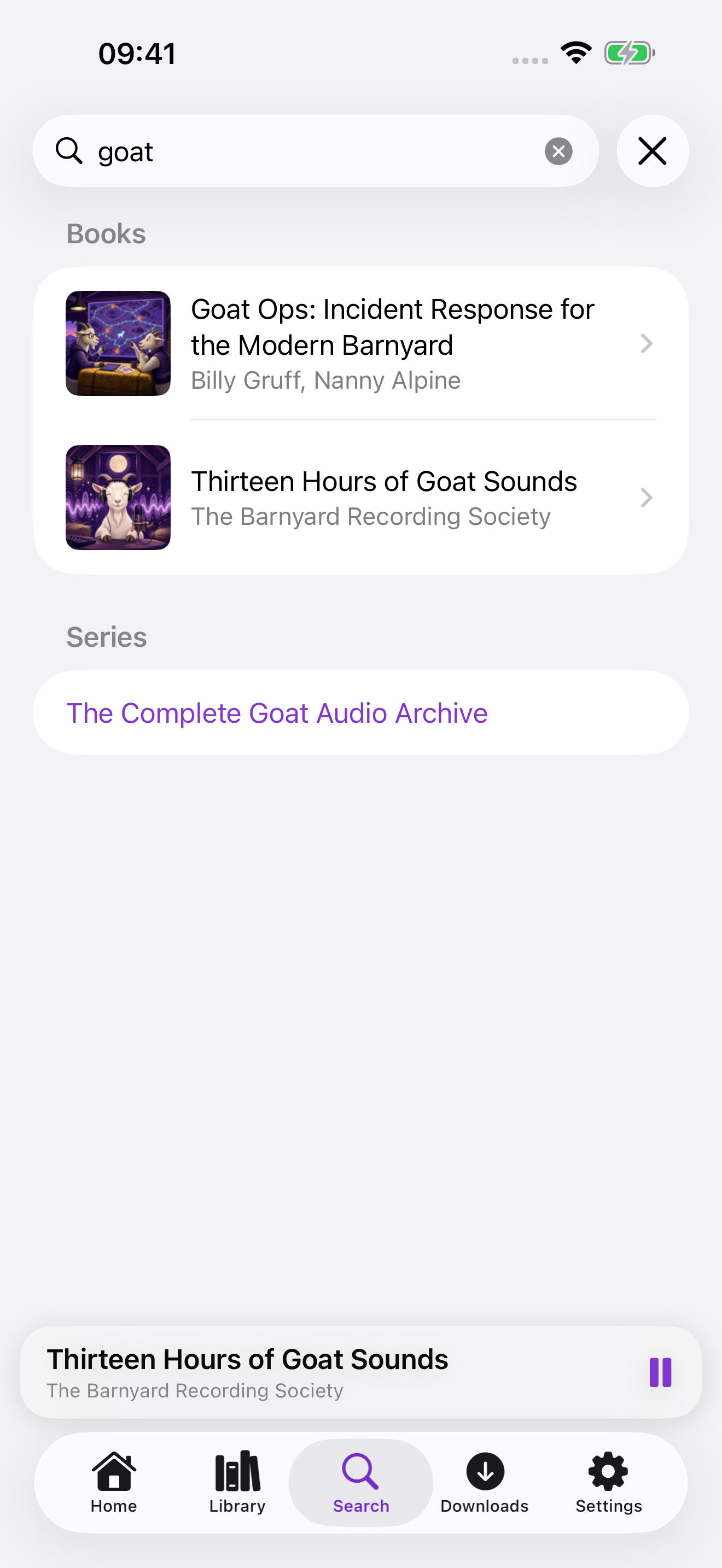 Search screen for finding audiobooks